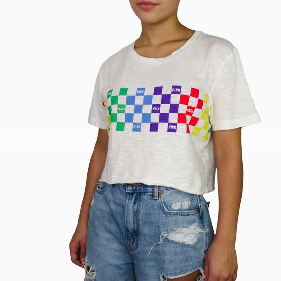 PINK Rainbow Checkered Crop Top Crewneck Colorful Extra Small Baby Tee - Picture 1 of 7